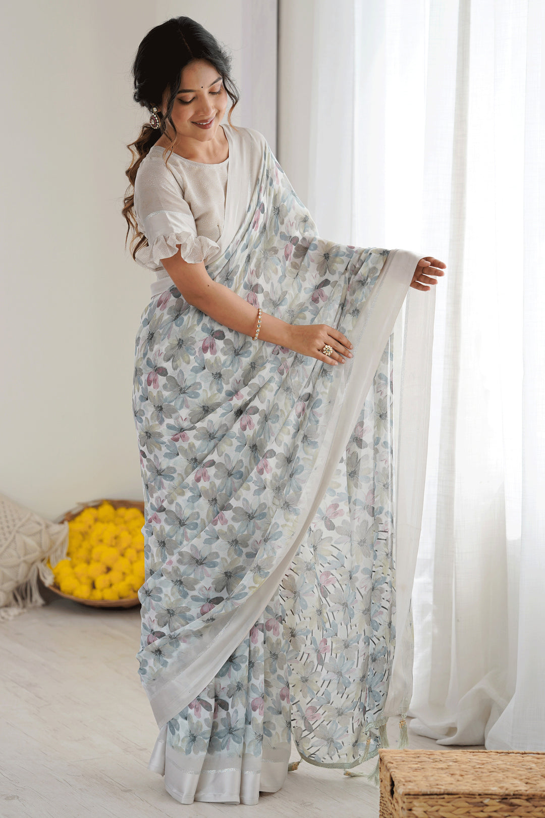 Tempting Fancy Fabric Grey Color Floral Printed Saree | Buy Online India