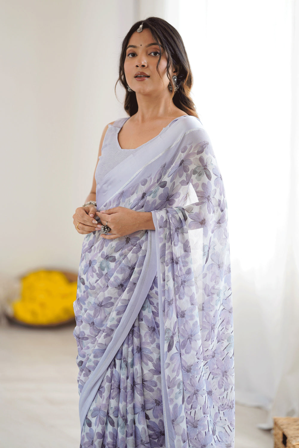 Engaging Lavender Color Fancy Fabric Floral Printed Saree | Buy Online India