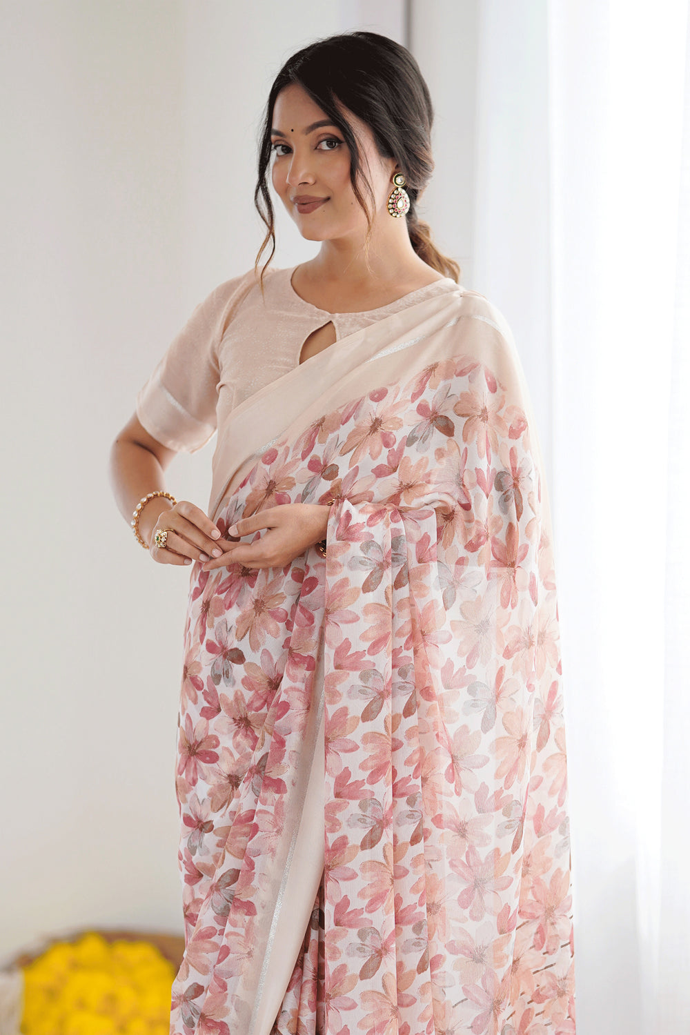 Classic Peach Color Floral Printed Saree In Fancy Fabric | Buy Online India