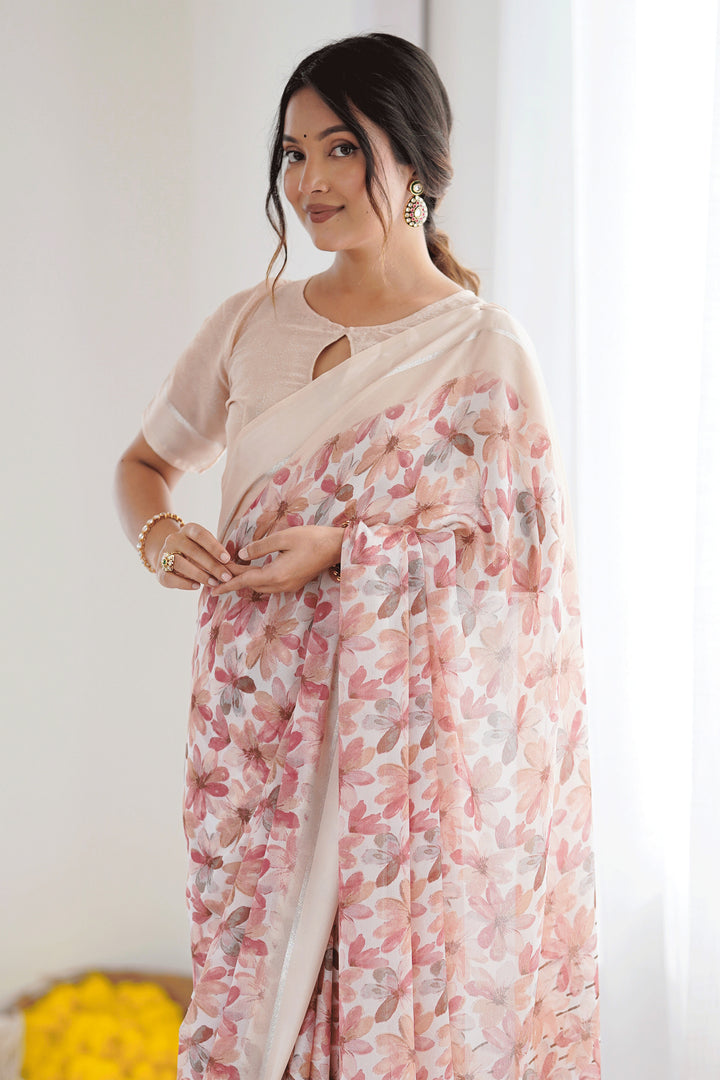 Classic Peach Color Floral Printed Saree In Fancy Fabric | Buy Online India