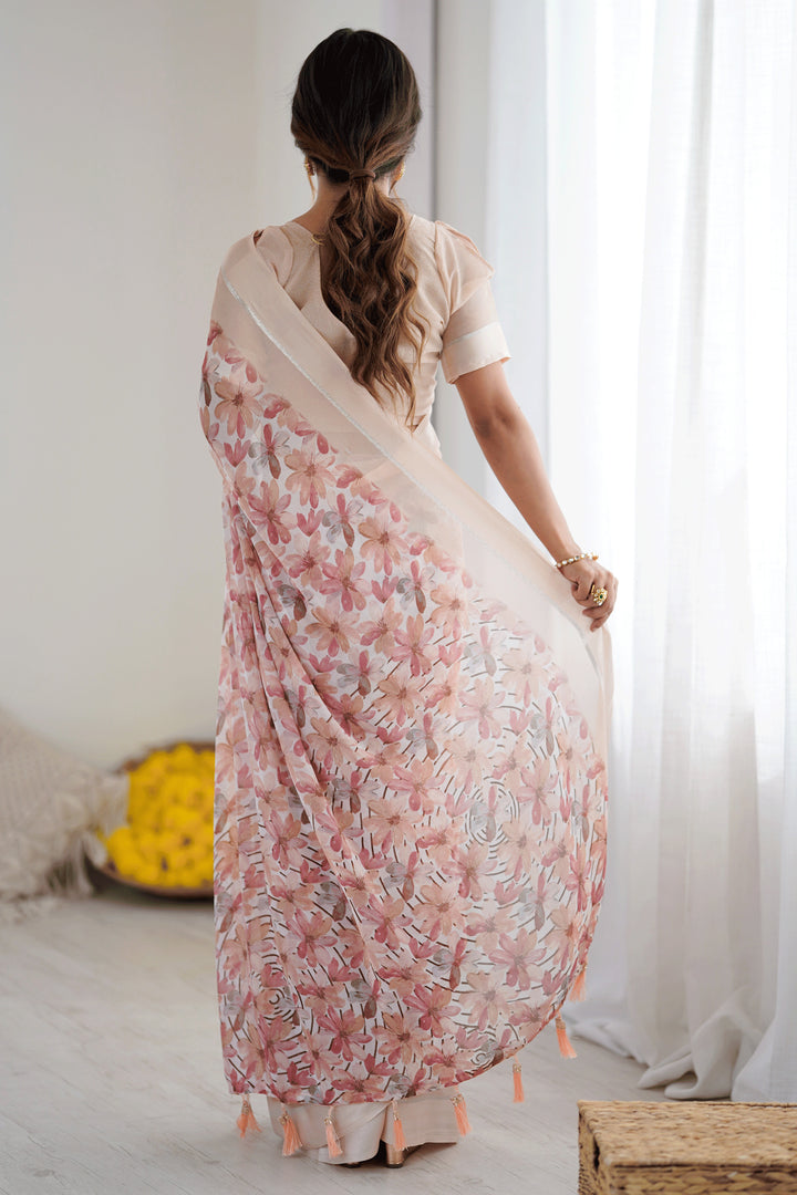 Classic Peach Color Floral Printed Saree In Fancy Fabric | Buy Online India