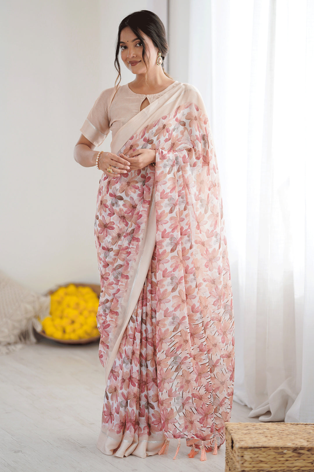 Classic Peach Color Floral Printed Saree In Fancy Fabric | Buy Online India