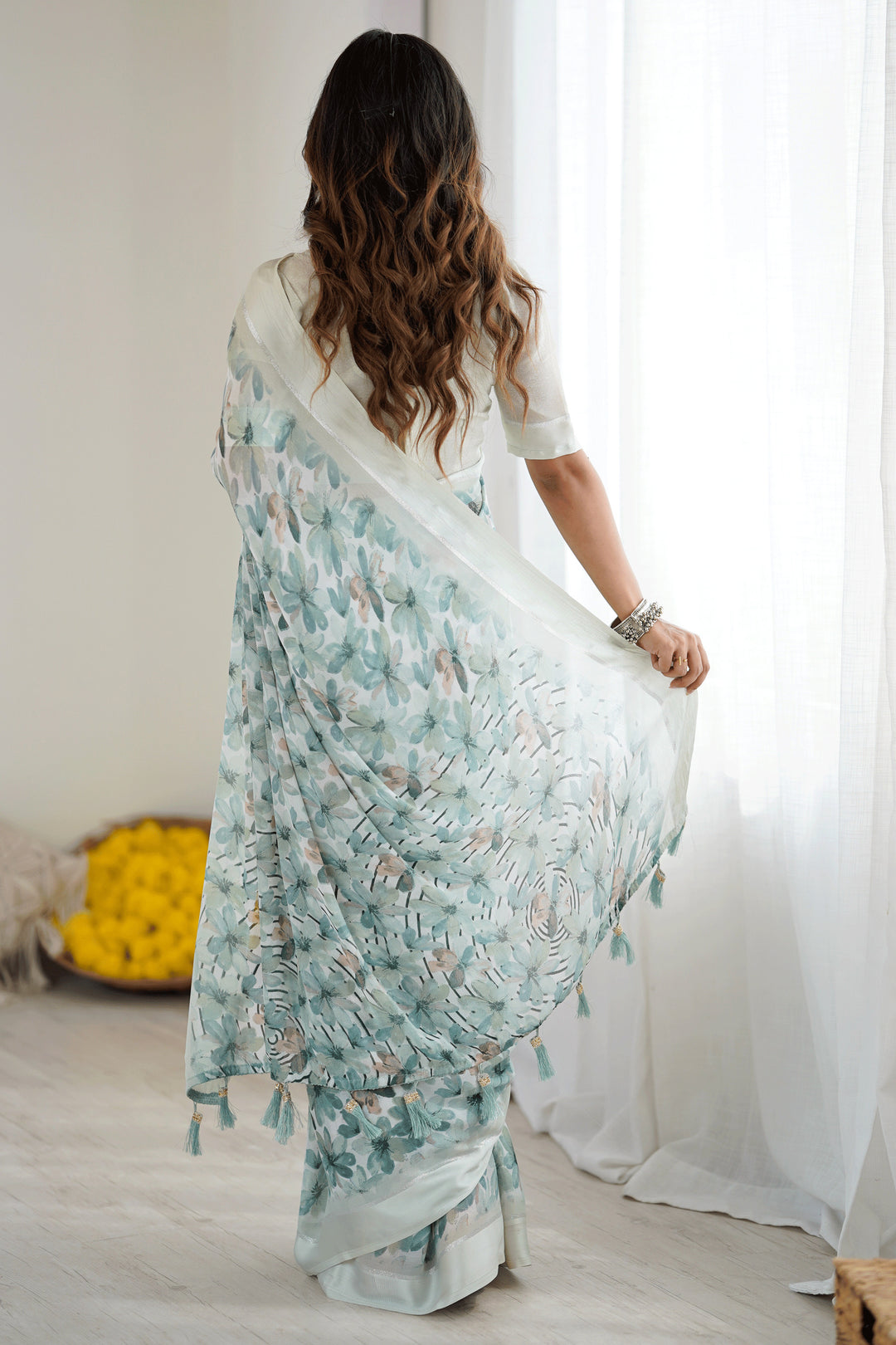 Sober Green Color Fancy Fabric Floral Printed Saree | Buy Online India