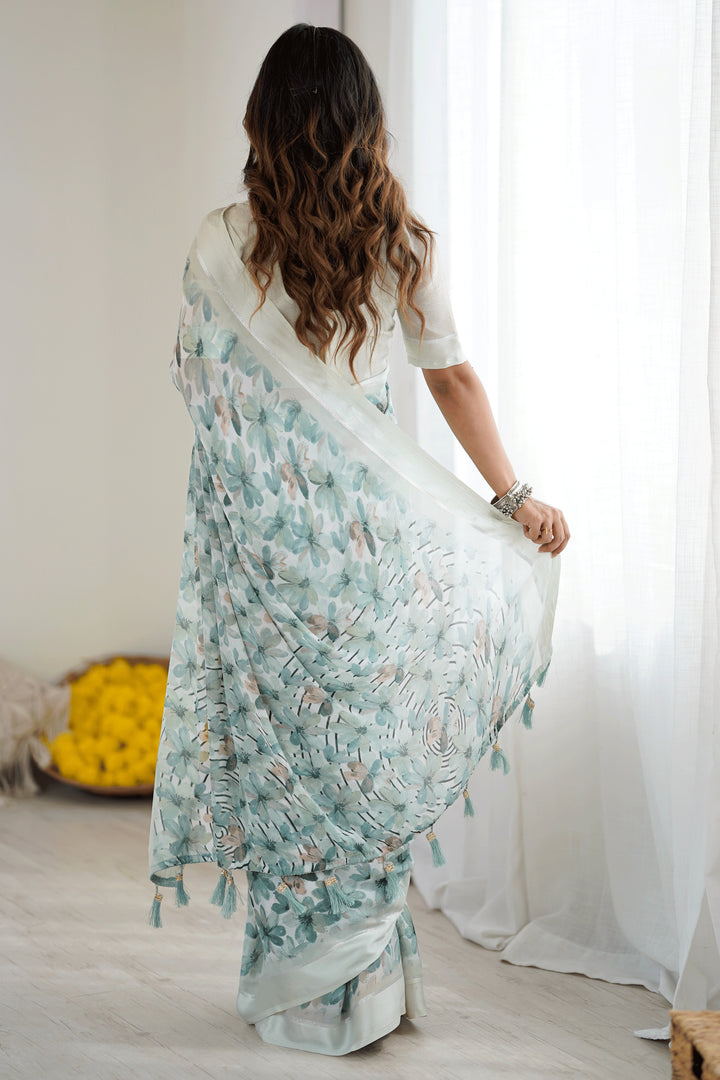 Sober Green Color Fancy Fabric Floral Printed Saree | Buy Online India