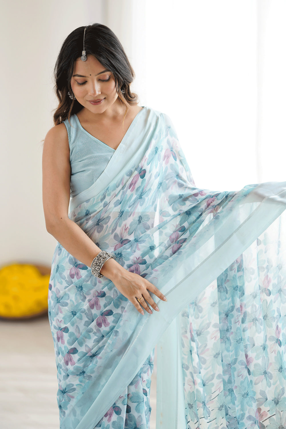 Beguiling Sky Blue Color Fancy Fabric Floral Printed Saree | Buy Online India