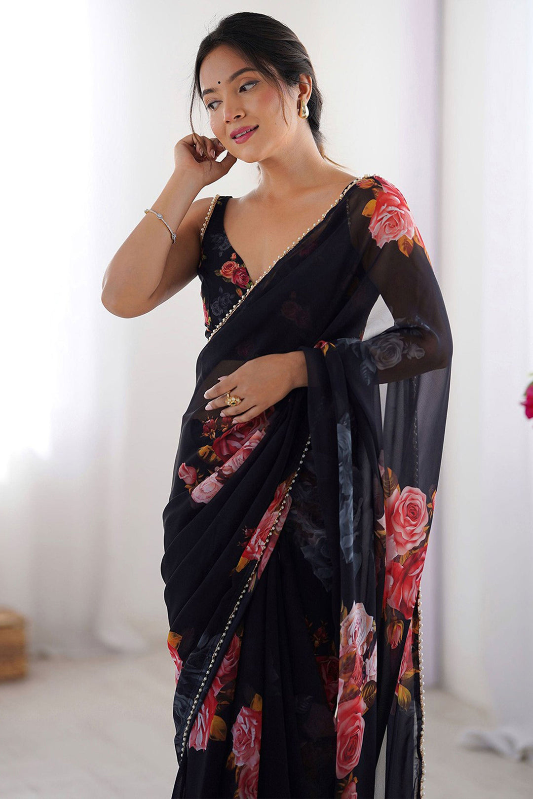 Digital Printed Soothing Georgette Saree In Black Color | Buy Online India