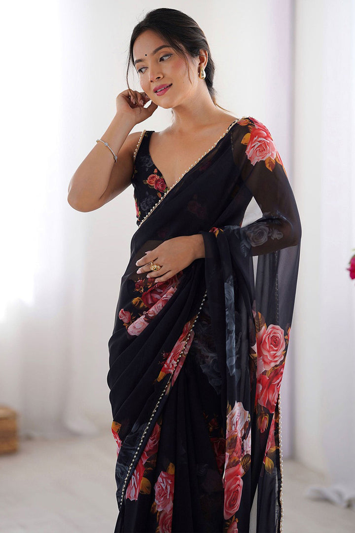 Digital Printed Soothing Georgette Saree In Black Color | Buy Online India
