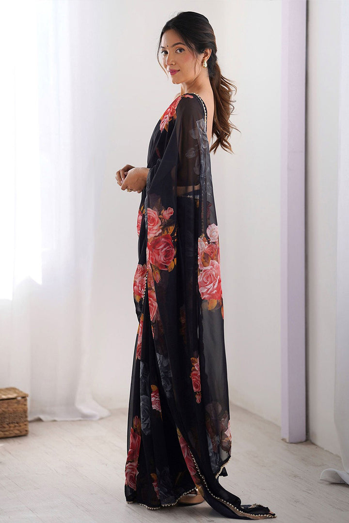 Digital Printed Soothing Georgette Saree In Black Color | Buy Online India