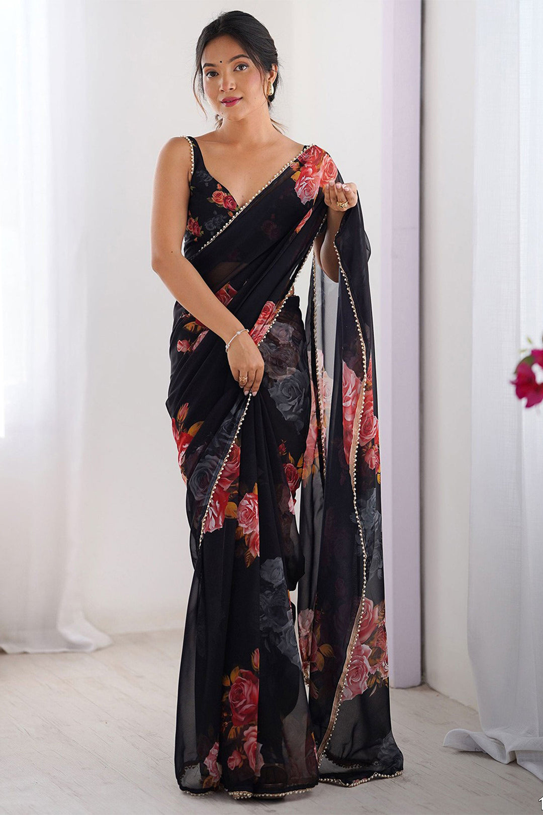 Digital Printed Soothing Georgette Saree In Black Color | Buy Online India