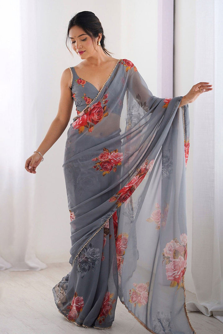 Delicate Grey Color Digital Printed Georgette Saree | Buy Online India