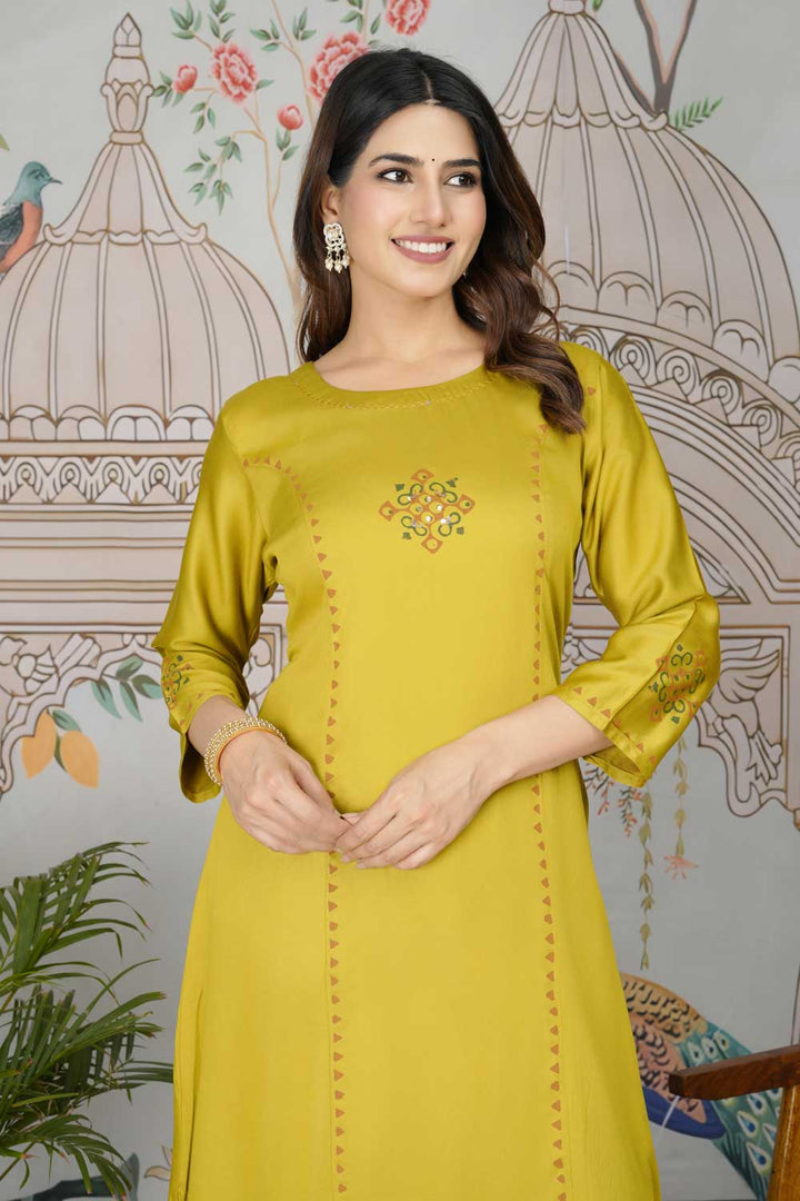 Marvelous Gaji Silk Fabric Readymade Pocket Inside Kurti Bottom Set In Yellow Color | Buy Online India