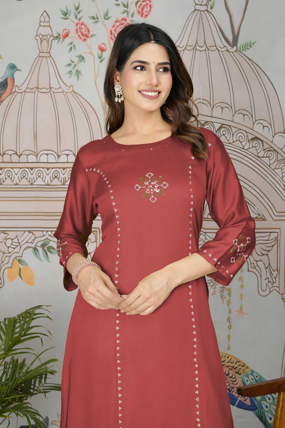 Attractive Gaji Silk Fabric Red Color Readymade Pocket Inside Kurti Bottom Set | Buy Online India