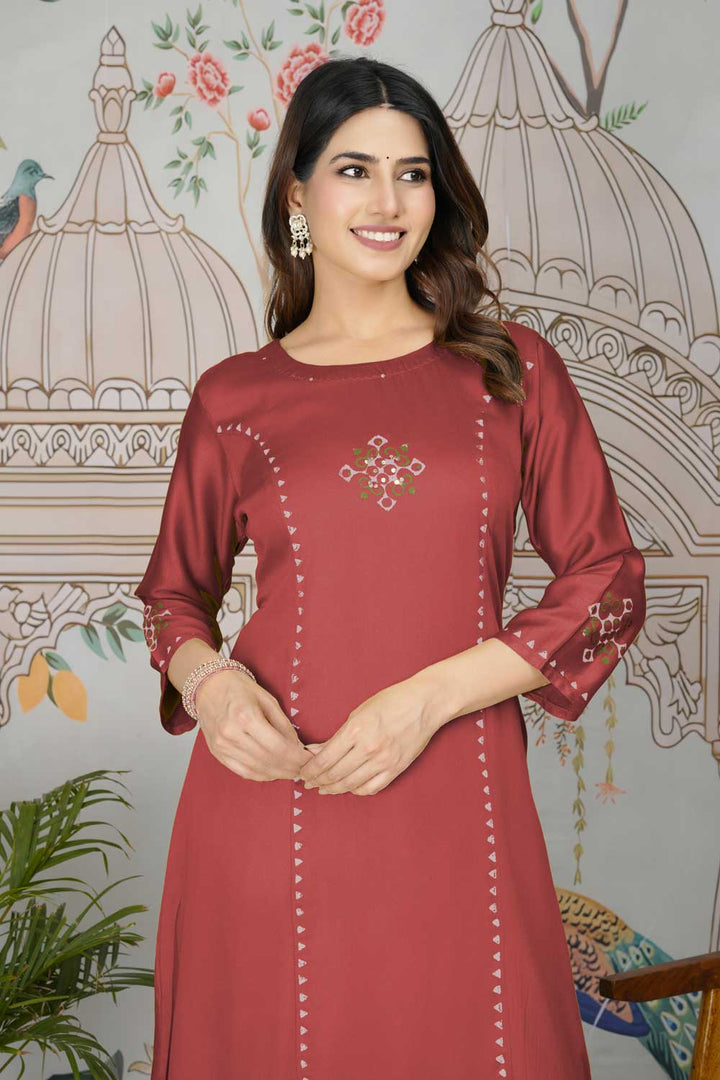 Attractive Gaji Silk Fabric Red Color Readymade Pocket Inside Kurti Bottom Set | Buy Online India
