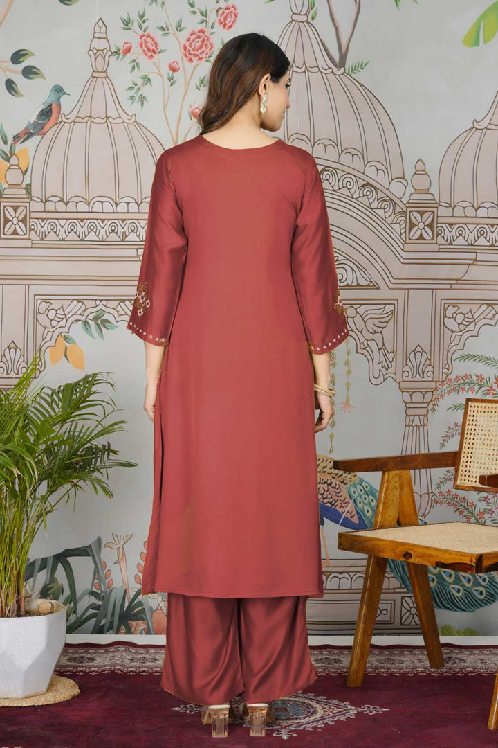 Attractive Gaji Silk Fabric Red Color Readymade Pocket Inside Kurti Bottom Set | Buy Online India