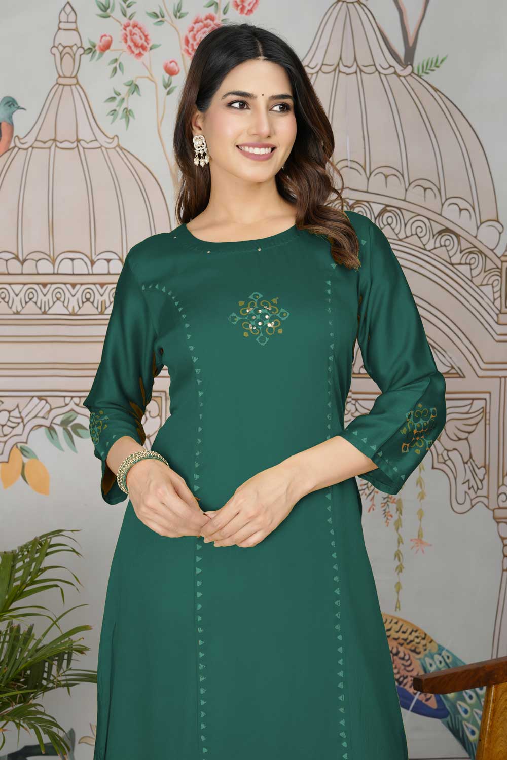 Green Color Gaji Silk Fabric Beauteous Readymade Pocket Inside Kurti Bottom Set | Buy Online India