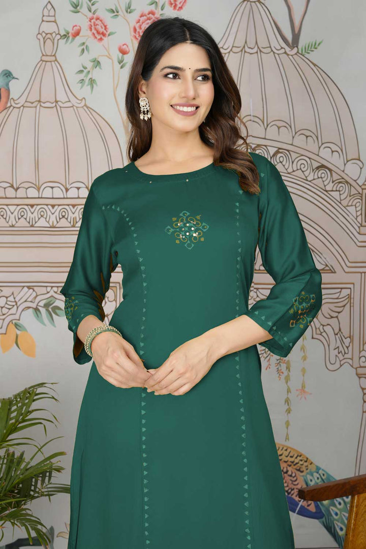 Green Color Gaji Silk Fabric Beauteous Readymade Pocket Inside Kurti Bottom Set | Buy Online India