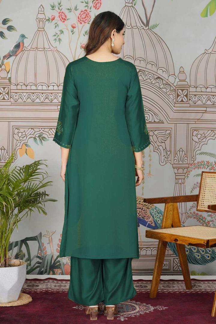 Green Color Gaji Silk Fabric Beauteous Readymade Pocket Inside Kurti Bottom Set | Buy Online India