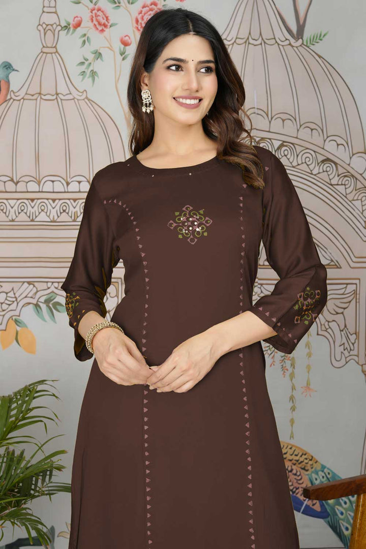 Gaji Silk Fabric Brown Color Trendy Readymade Pocket Inside Kurti Bottom Set | Buy Online India