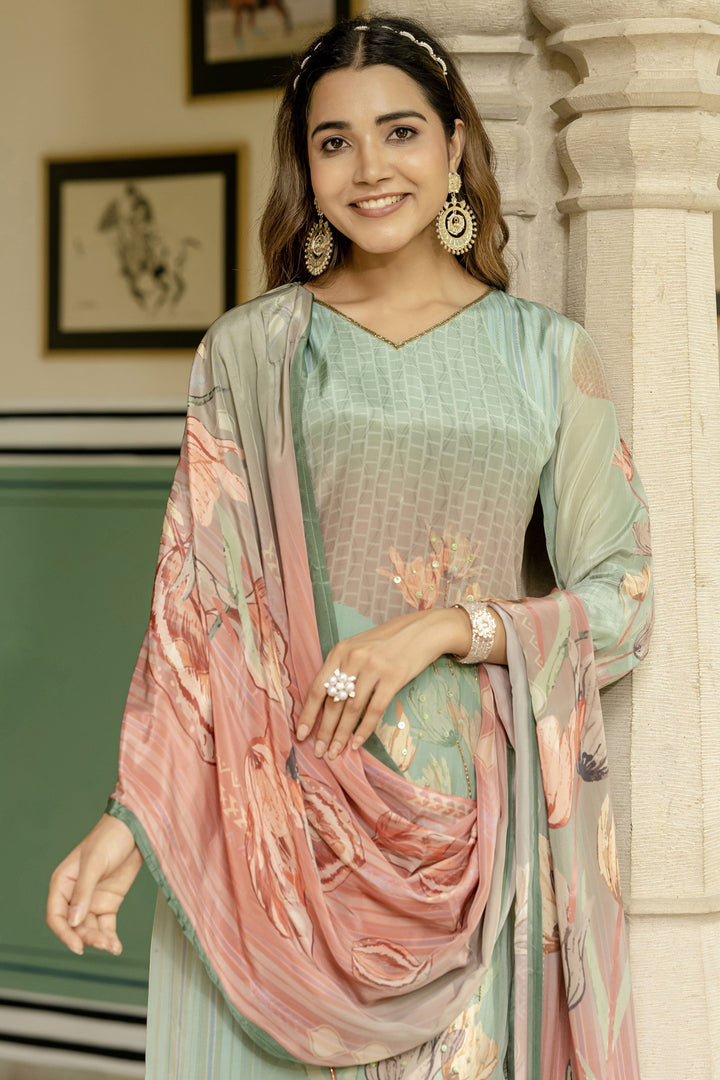 Sea Green Color Gorgeous Readymade Salwar Suit In Fancy Fabric | Buy Online India