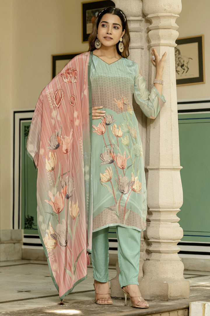 Sea Green Color Gorgeous Readymade Salwar Suit In Fancy Fabric | Buy Online India