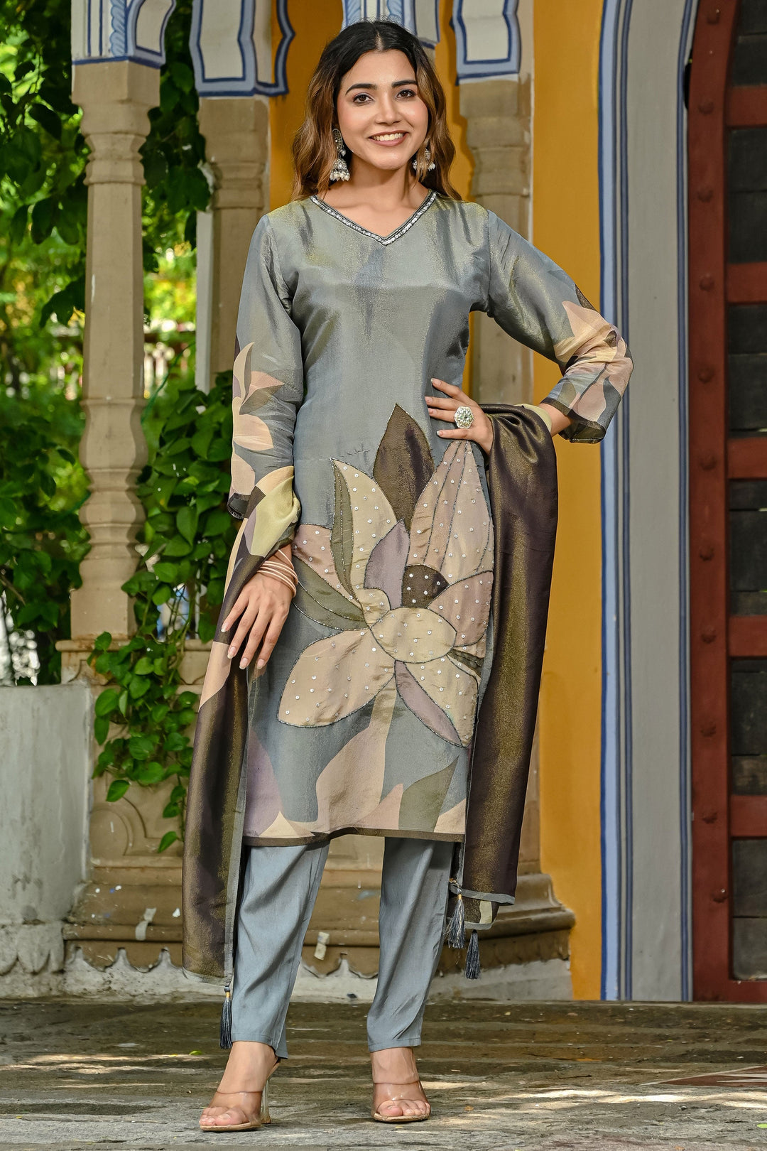 Glamorous Readymade Salwar Suit In Grey Color Fancy Fabric | Buy Online India