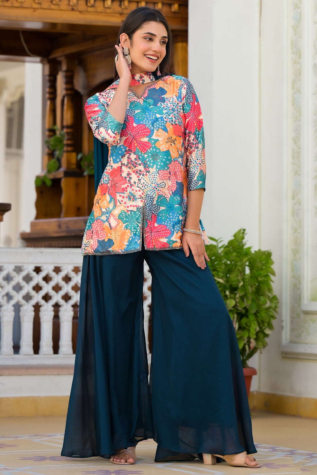 Multi Color Satin Fabric Charming Readymade Palazzo Suit | Buy Online India