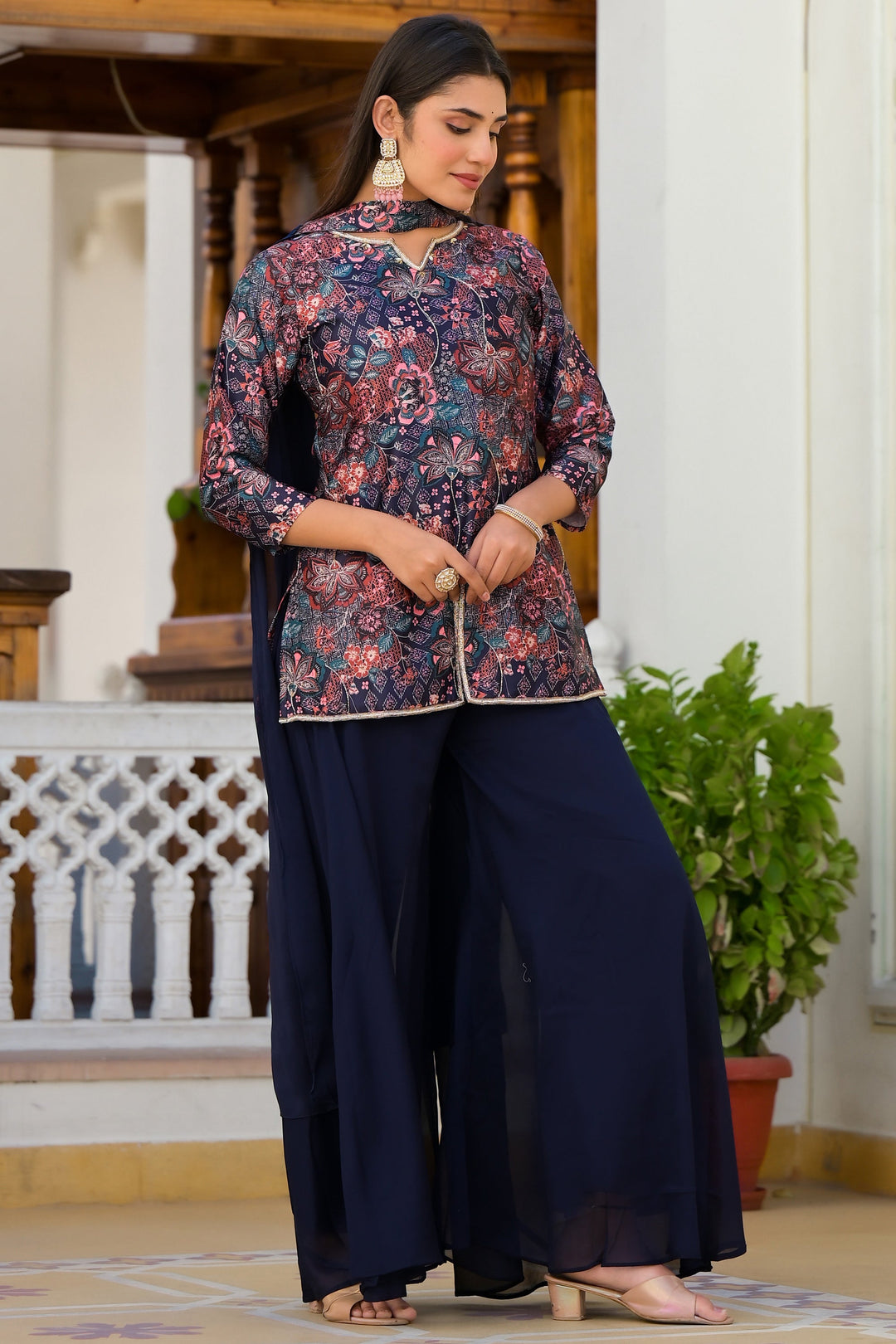 Satin Fabric Navy Blue Color Attractive Readymade Palazzo Suit | Buy Online India