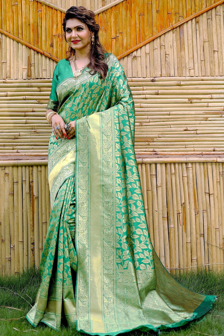 Creative Weaving Work On Green Color Banarasi Silk Saree | Buy Online India