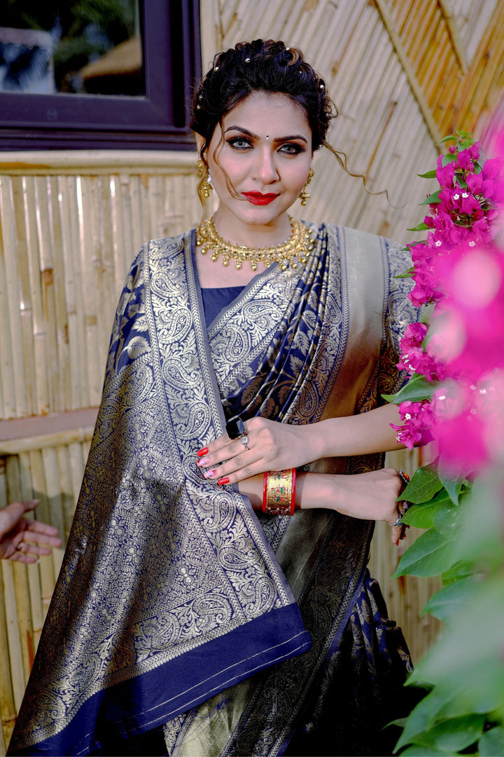 Excellent Banarasi Silk Navy Blue Color Saree With Weaving Work | Buy Online India