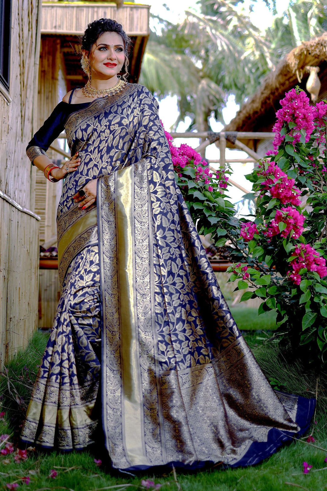 Excellent Banarasi Silk Navy Blue Color Saree With Weaving Work | Buy Online India