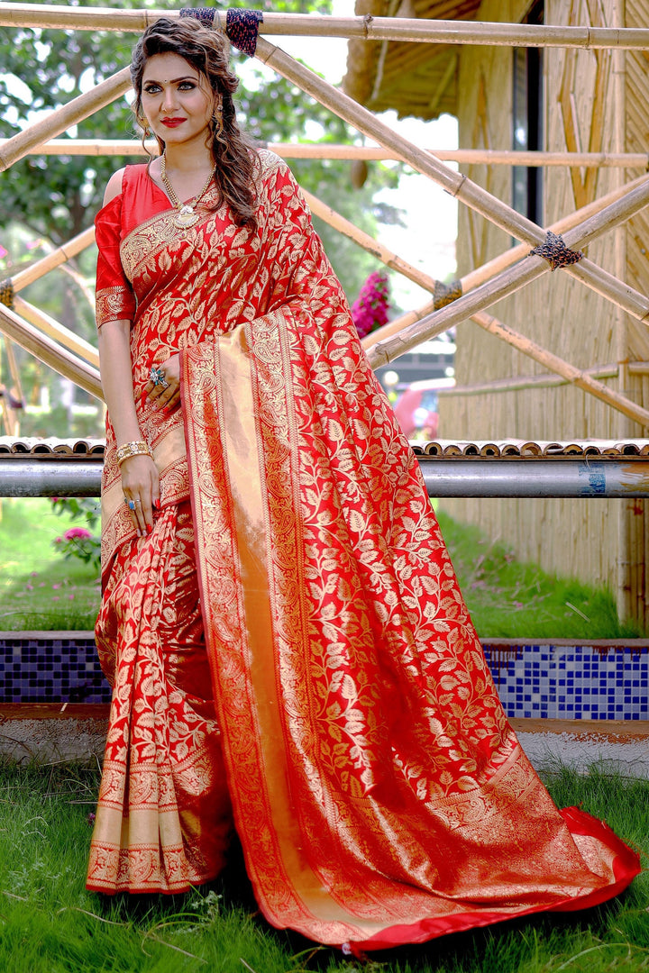 Beguiling Weaving Work On Red Color Banarasi Silk Saree | Buy Online India