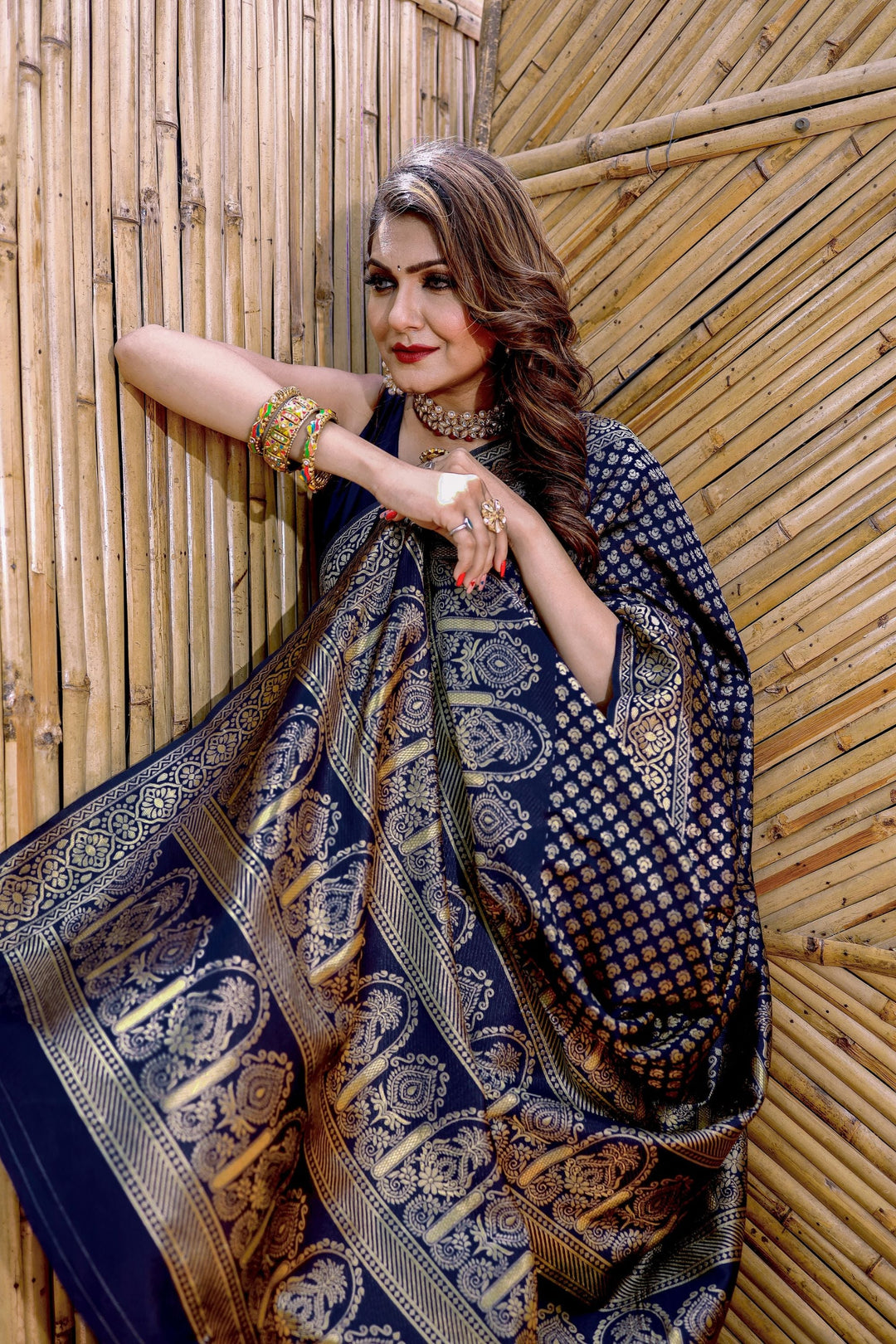 Tempting Banarasi Silk Navy Blue Color Saree With Weaving Work | Buy Online India