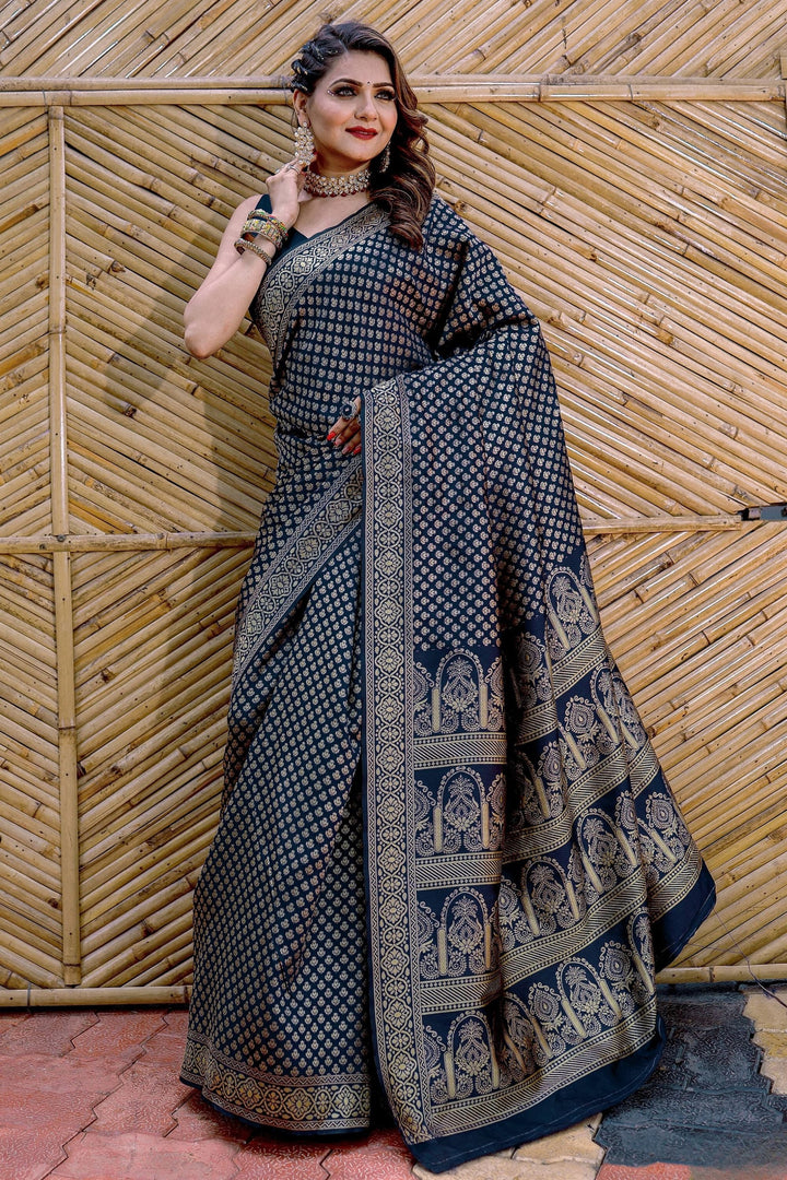 Tempting Banarasi Silk Navy Blue Color Saree With Weaving Work | Buy Online India