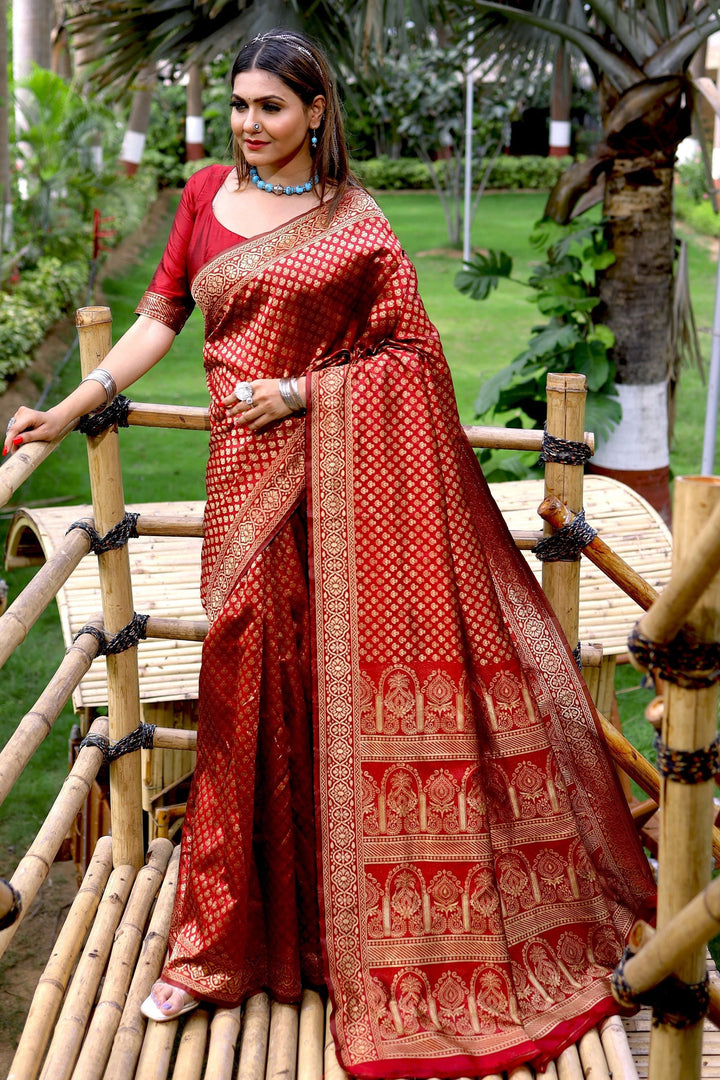 Amazing Weaving Work On Maroon Color Banarasi Silk Saree | Buy Online India