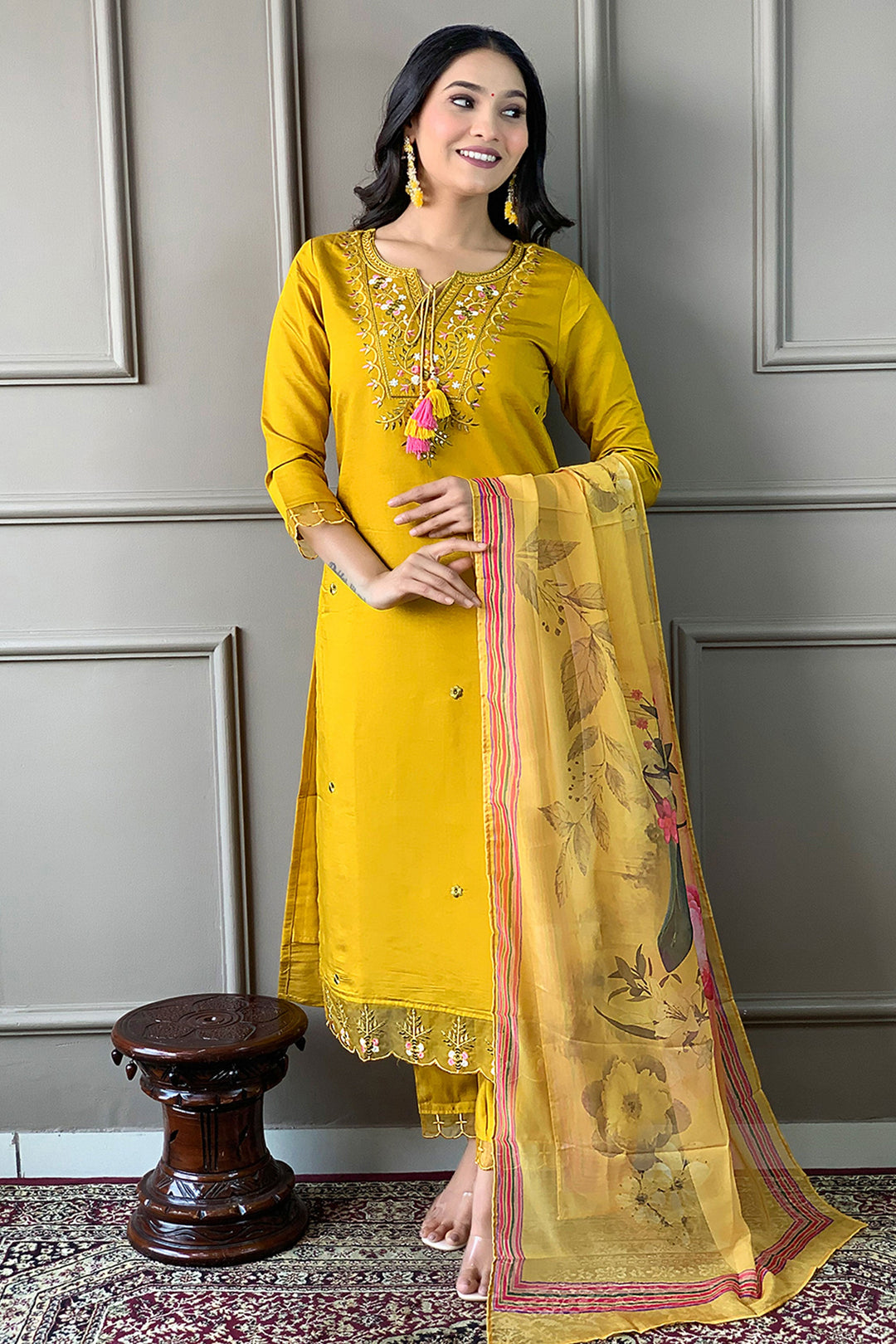 Tempting Chanderi Fabric Mustard Color Readymade Salwar Suit | Buy Online India