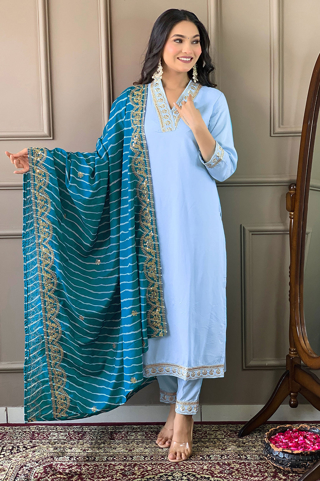 Sky Blue Color Viscose Fabric Elegant Readymade Salwar Suit | Buy Online India
