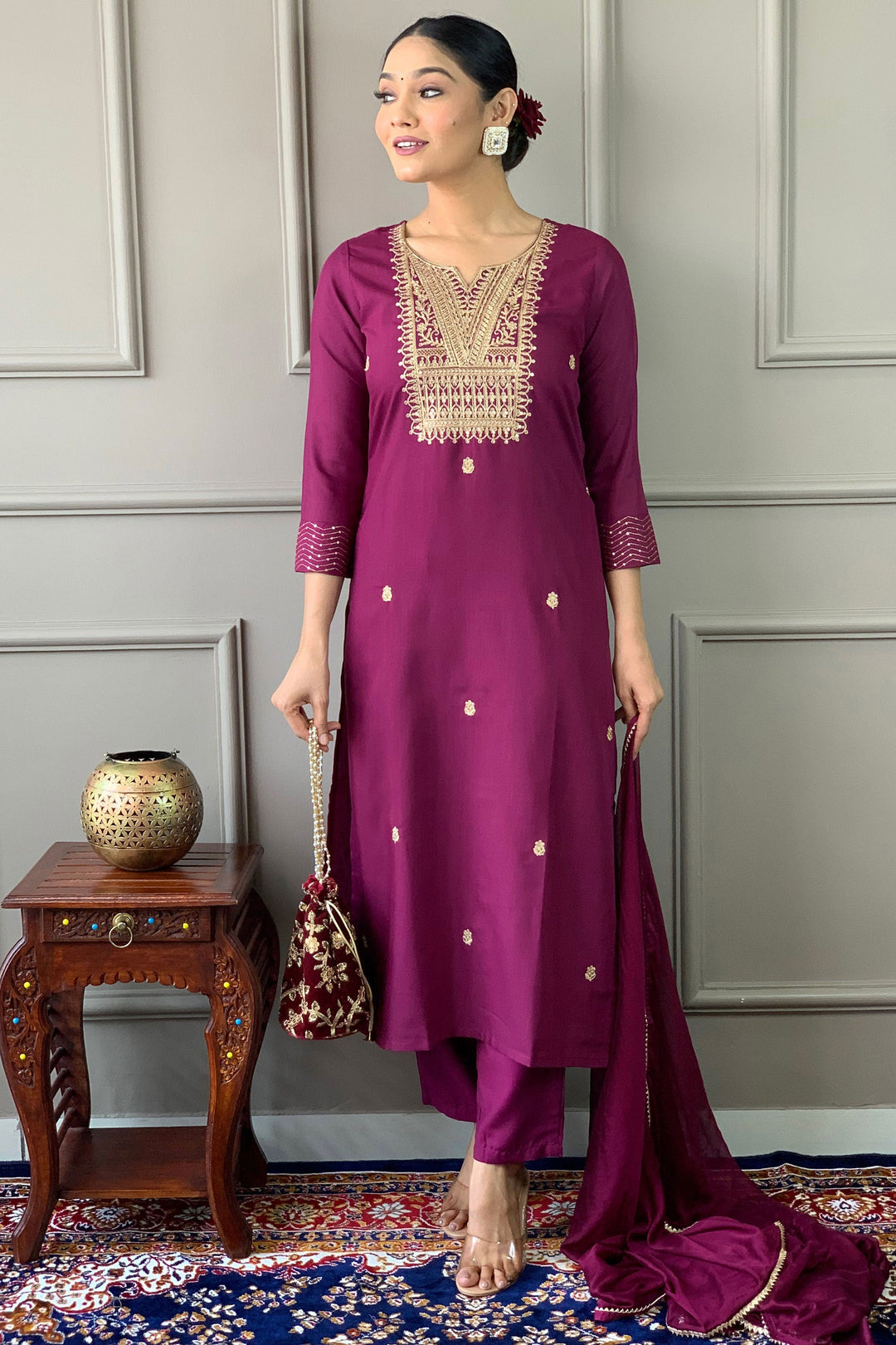 Tempting Rayon Fabric Wine Color Readymade Salwar Suit | Buy Online India
