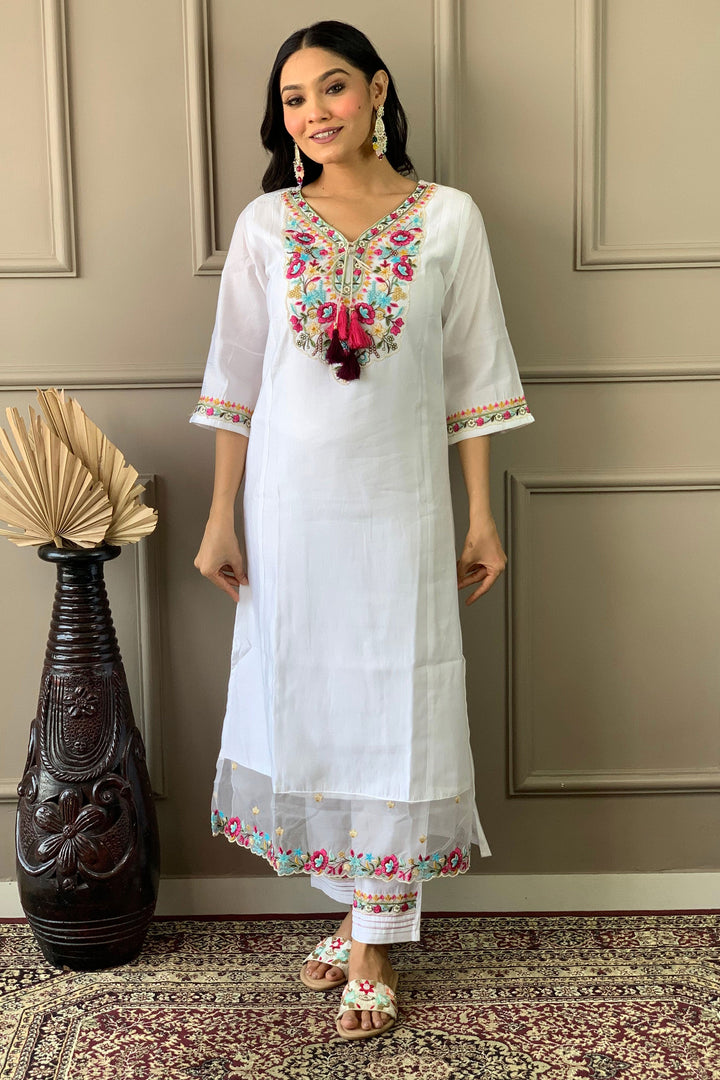Engaging White Color Chanderi Fabric Readymade Salwar Suit | Buy Online India