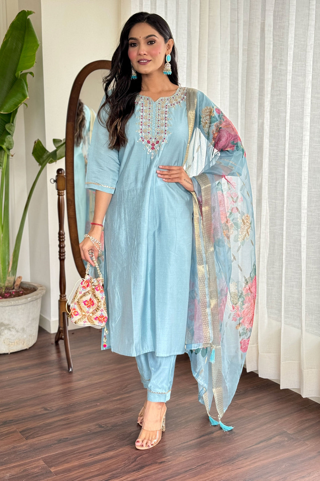 Sky Blue Color Viscose Fabric Engaging Readymade Dress | Buy Online India