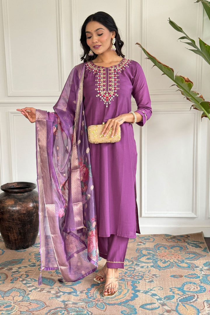 Lavender Color Sober Readymade Dress In Viscose Fabric | Buy Online India