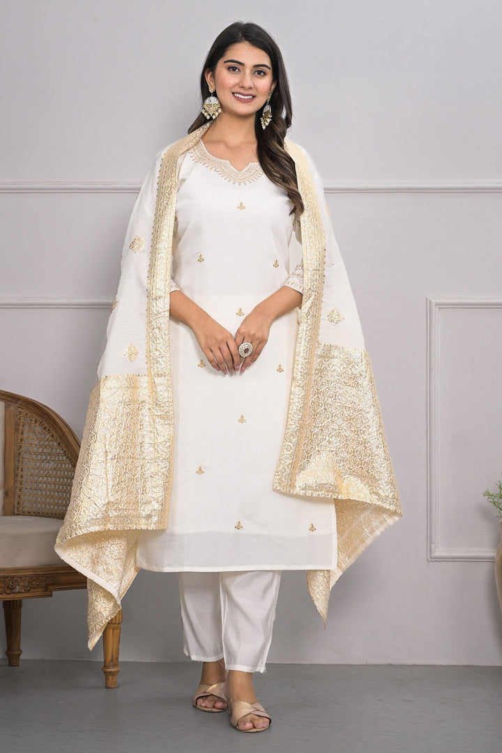 Classic White Color Readymade Salwar Suit In Viscose Silk Fabric | Buy Online India