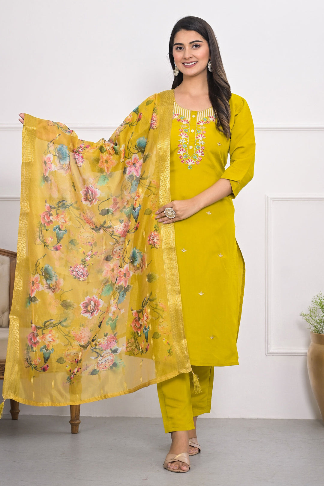 Lovely Viscose Silk Fabric Readymade Salwar Suit In Yellow Color | Buy Online India