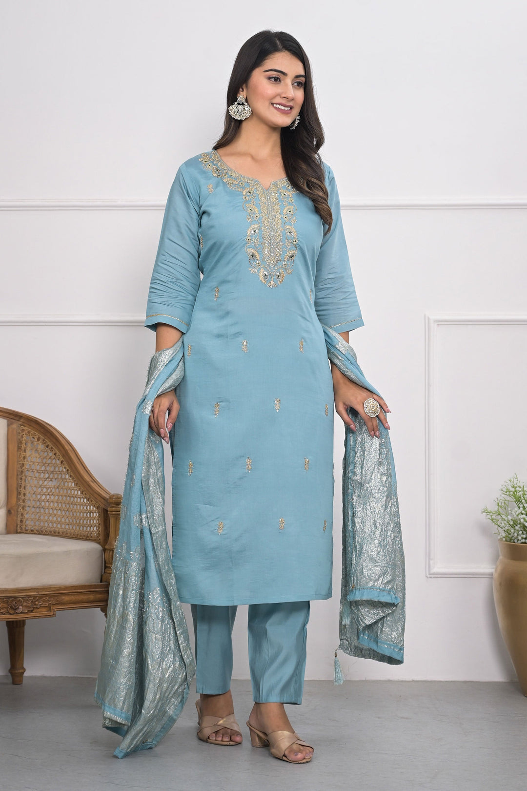 Beguiling Sky Blue Color Viscose Silk Fabric Readymade Salwar Suit | Buy Online India