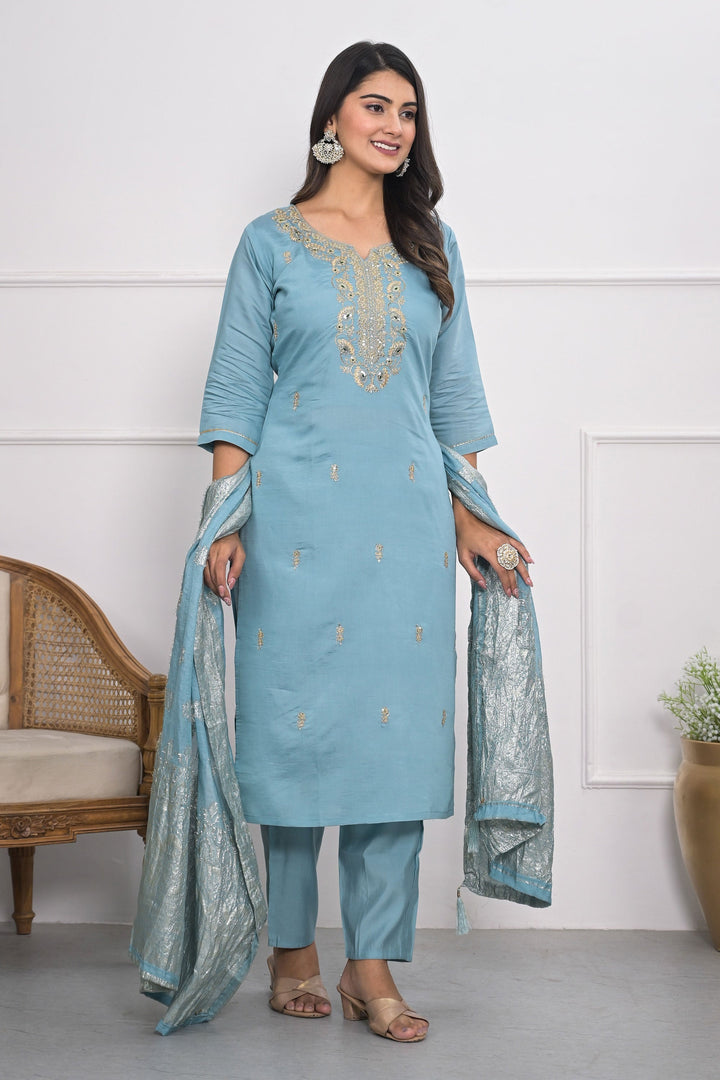 Beguiling Sky Blue Color Viscose Silk Fabric Readymade Salwar Suit | Buy Online India