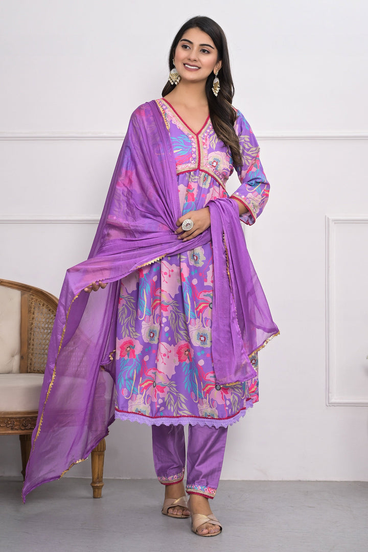 Incredible Muslin Silk Fabric Lavender Color Readymade Salwar Suit | Buy Online India