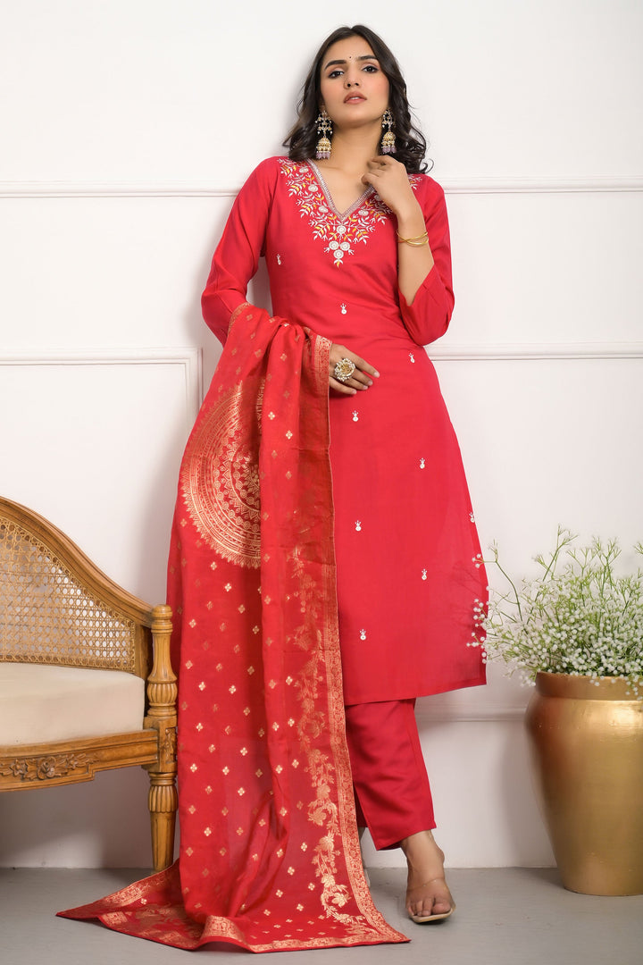Red Color Viscose Chanderi Fabric Stunning Readymade Salwar Suit | Buy Online India
