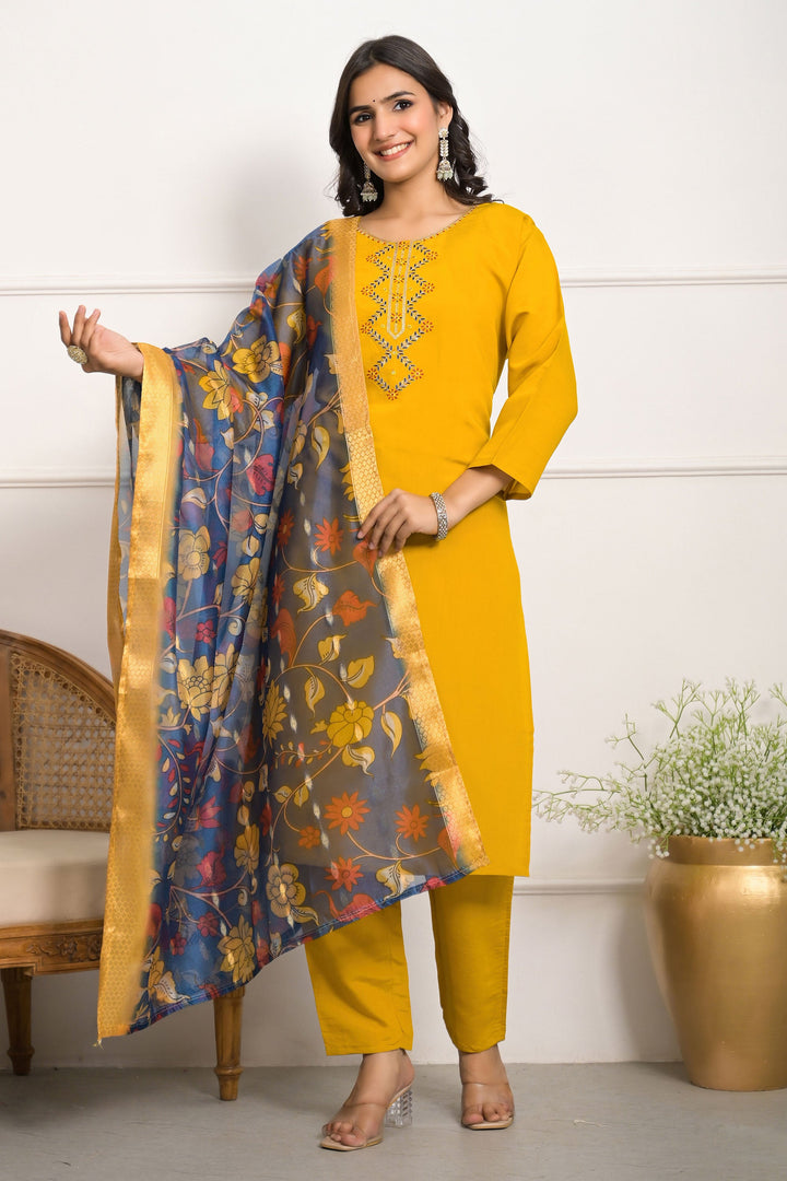 Yellow Color Viscose Chanderi Fabric Engaging Readymade Salwar Suit | Buy Online India