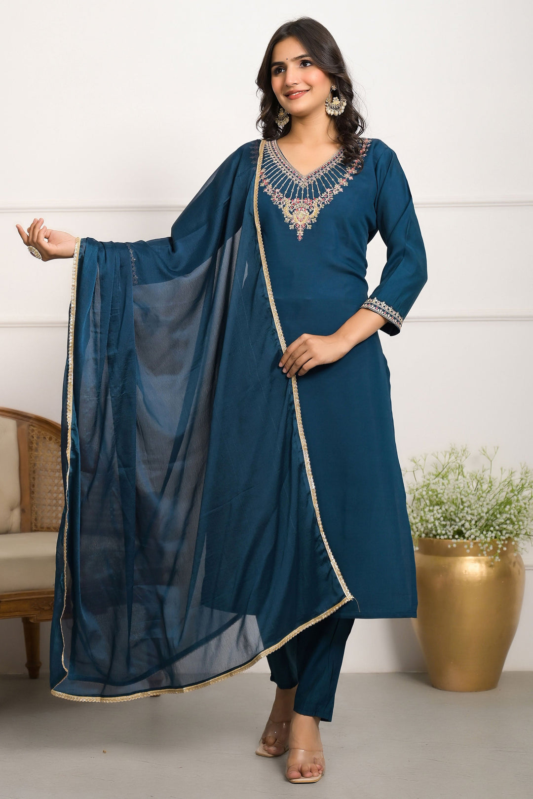 Teal Color Sober Readymade Salwar Suit In Viscose Chanderi Fabric | Buy Online India