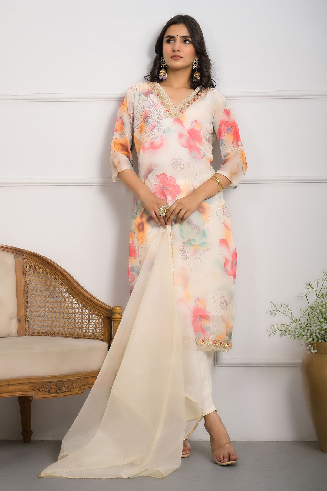Creative Off White Color Organza Fabric Readymade Salwar Suit | Buy Online India