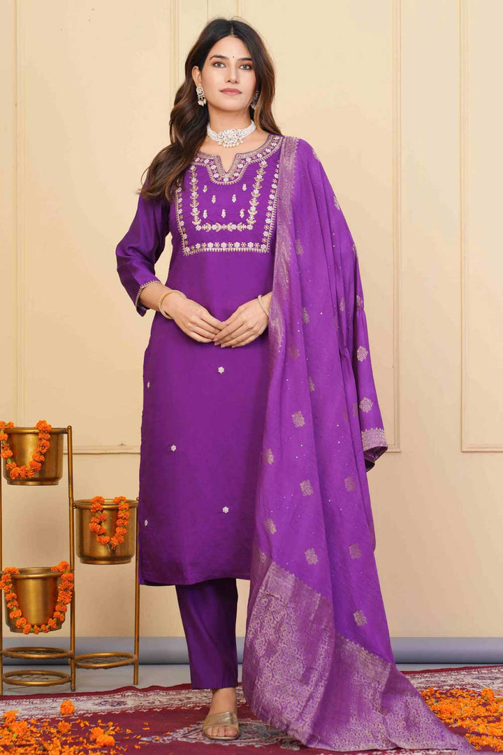 Purple Color Viscose Fabric Coveted Readymade Embroidered Salwar Suit | Buy Online India